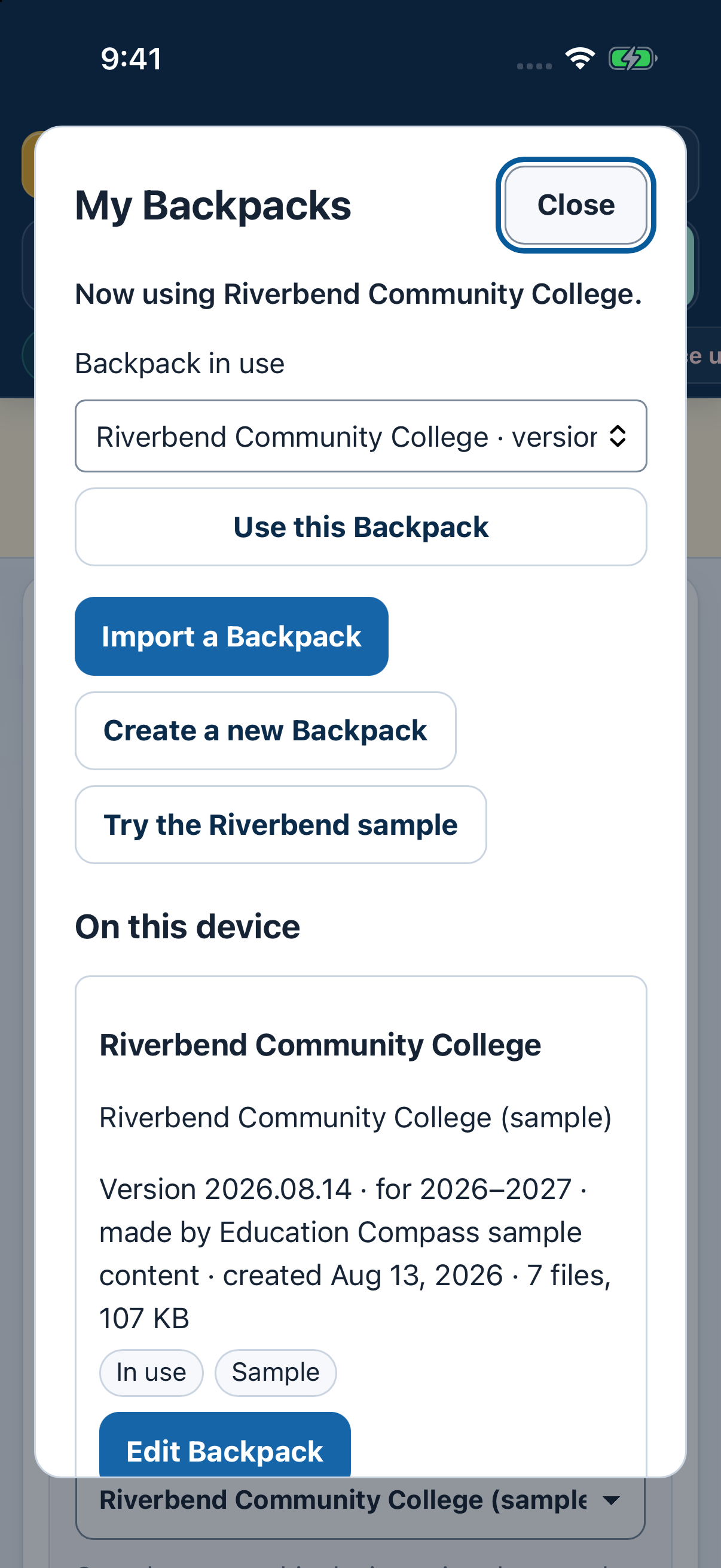 My Backpacks shows an invented Riverbend Community College reference collection.