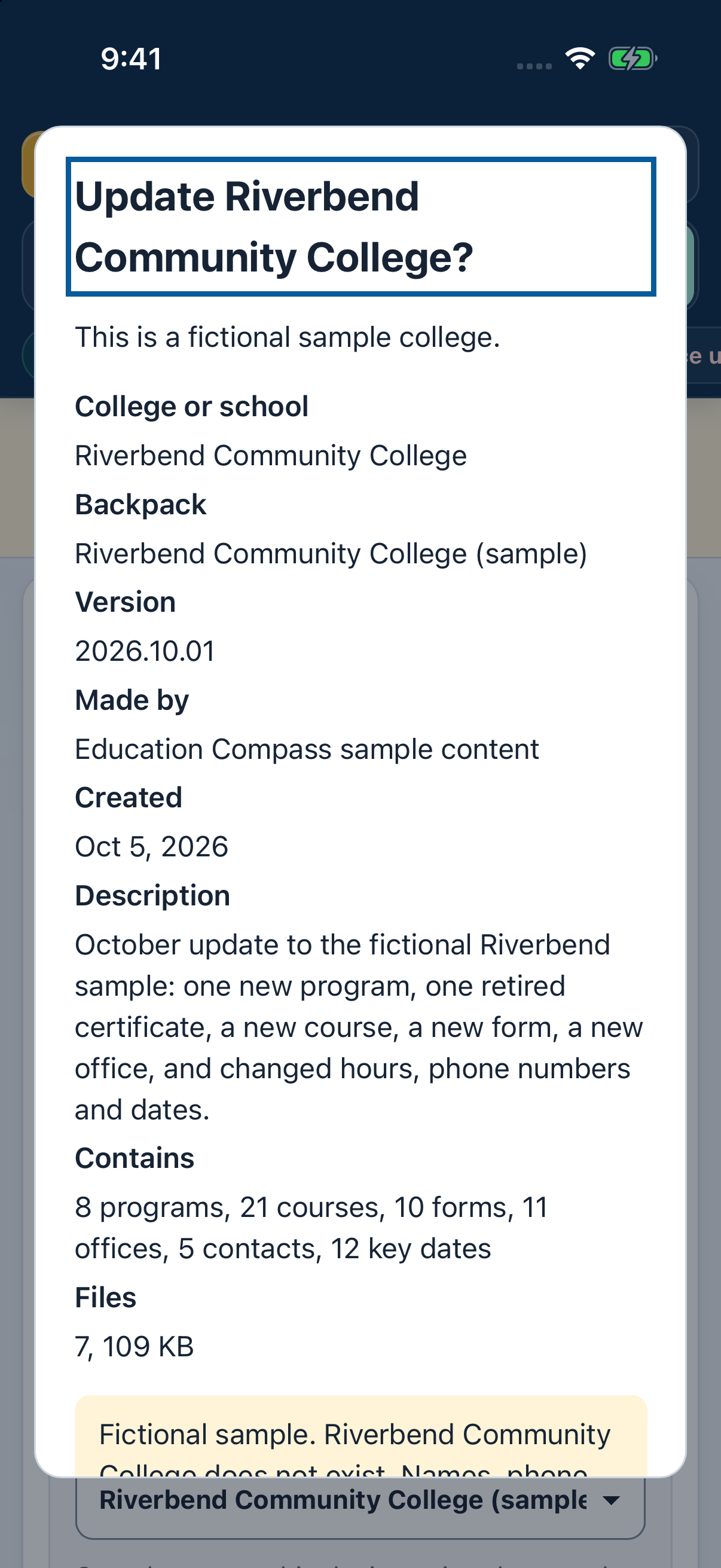 Update preview for the fictional Riverbend college, showing contents and a version date.