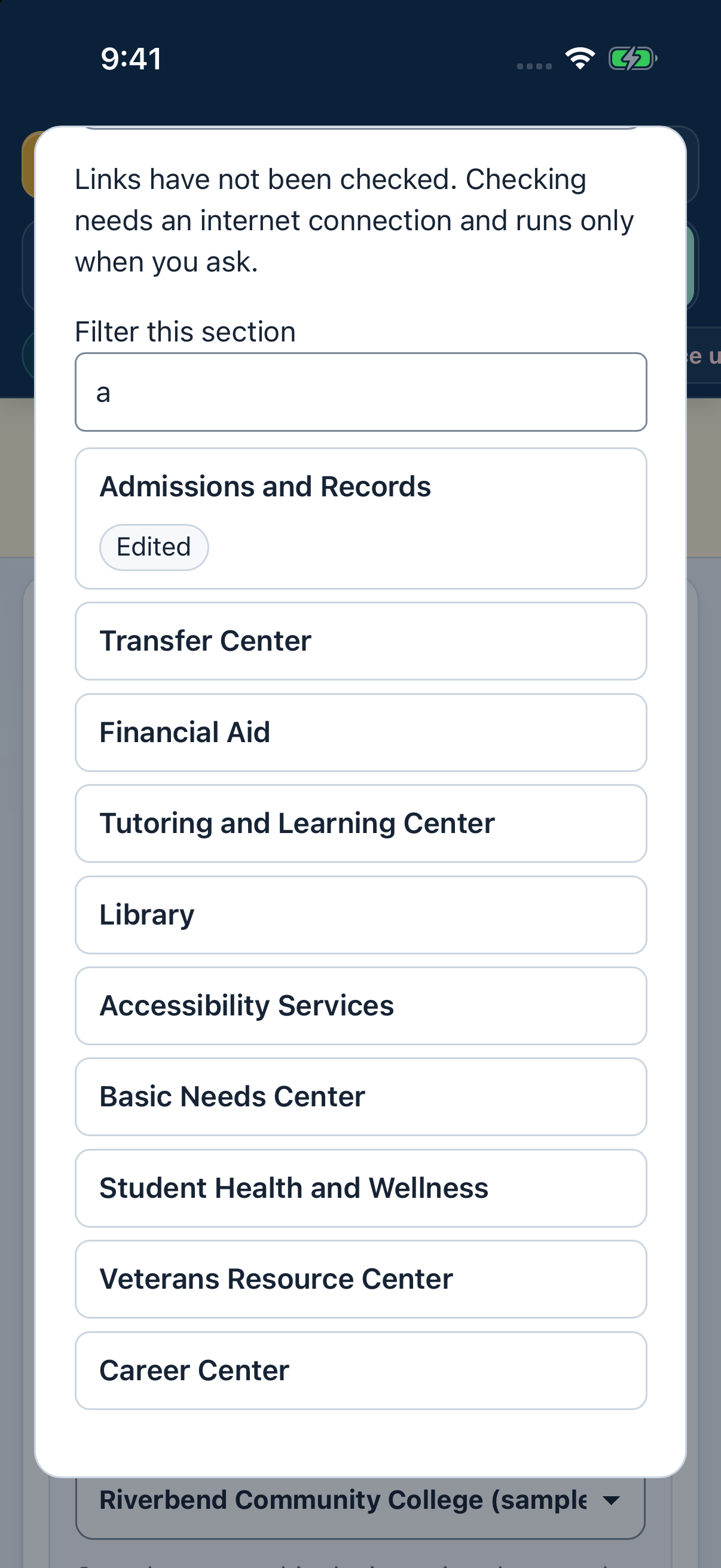 Backpack editor listing sample college offices and a mark for a changed item.