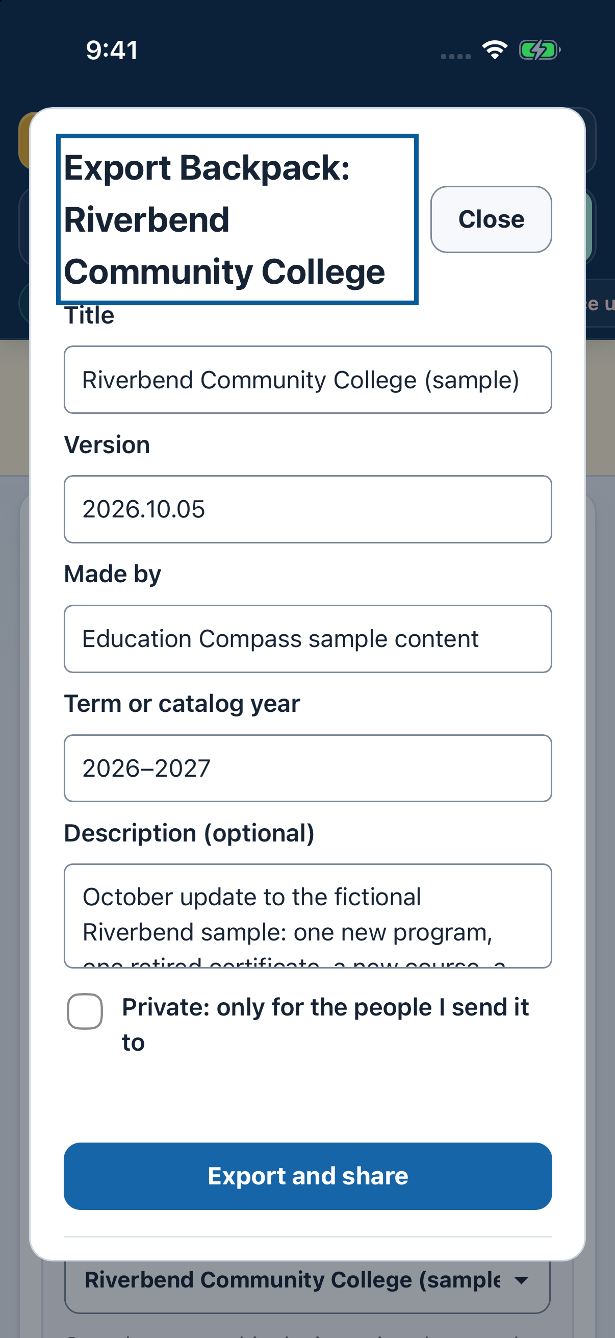 Backpack export form with sample title, version, term and a private-sharing choice.