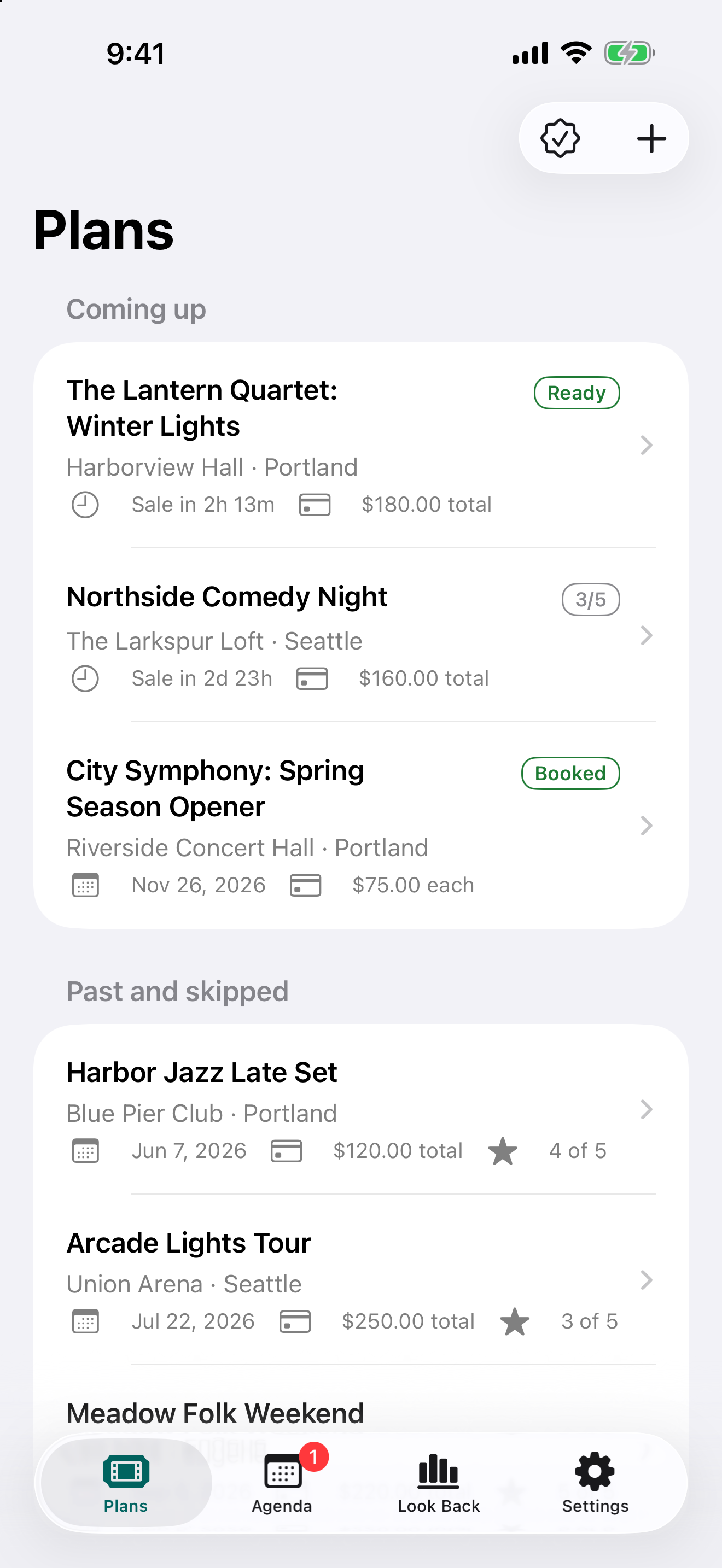 Sample plans list with upcoming events, sale times, budgets and readiness.