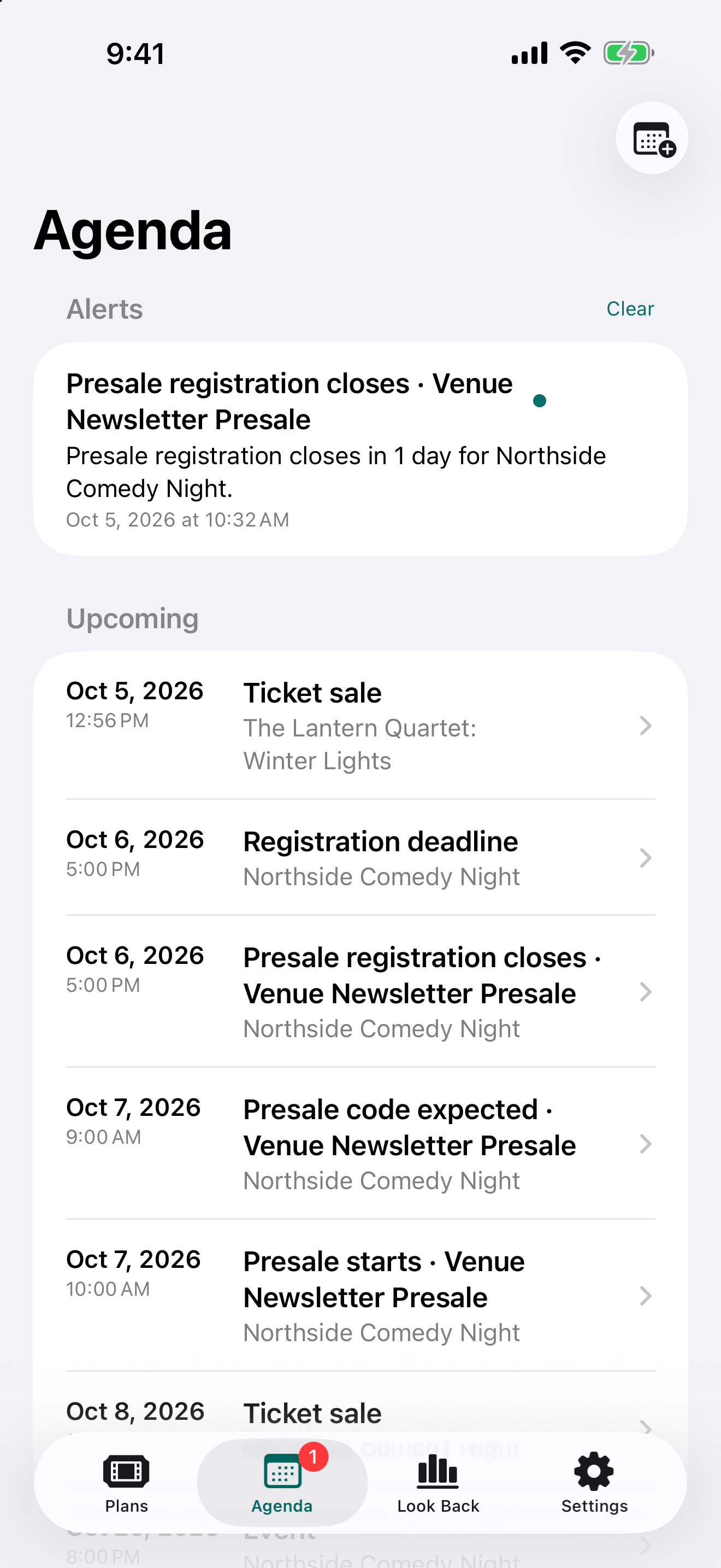 Agenda showing a registration alert and upcoming sales and presale dates.