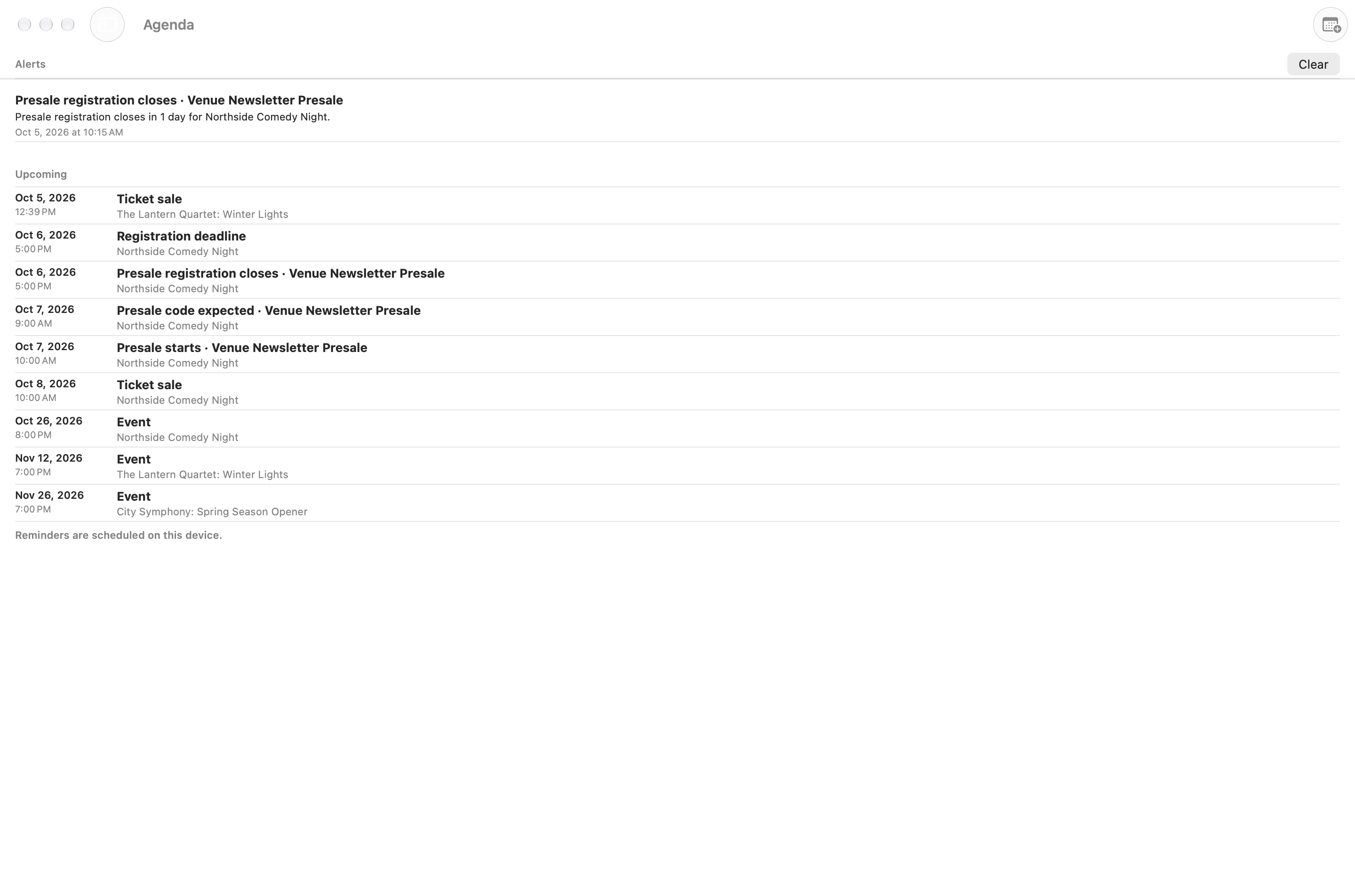 Mac sample agenda listing sale dates, deadlines and event nights.