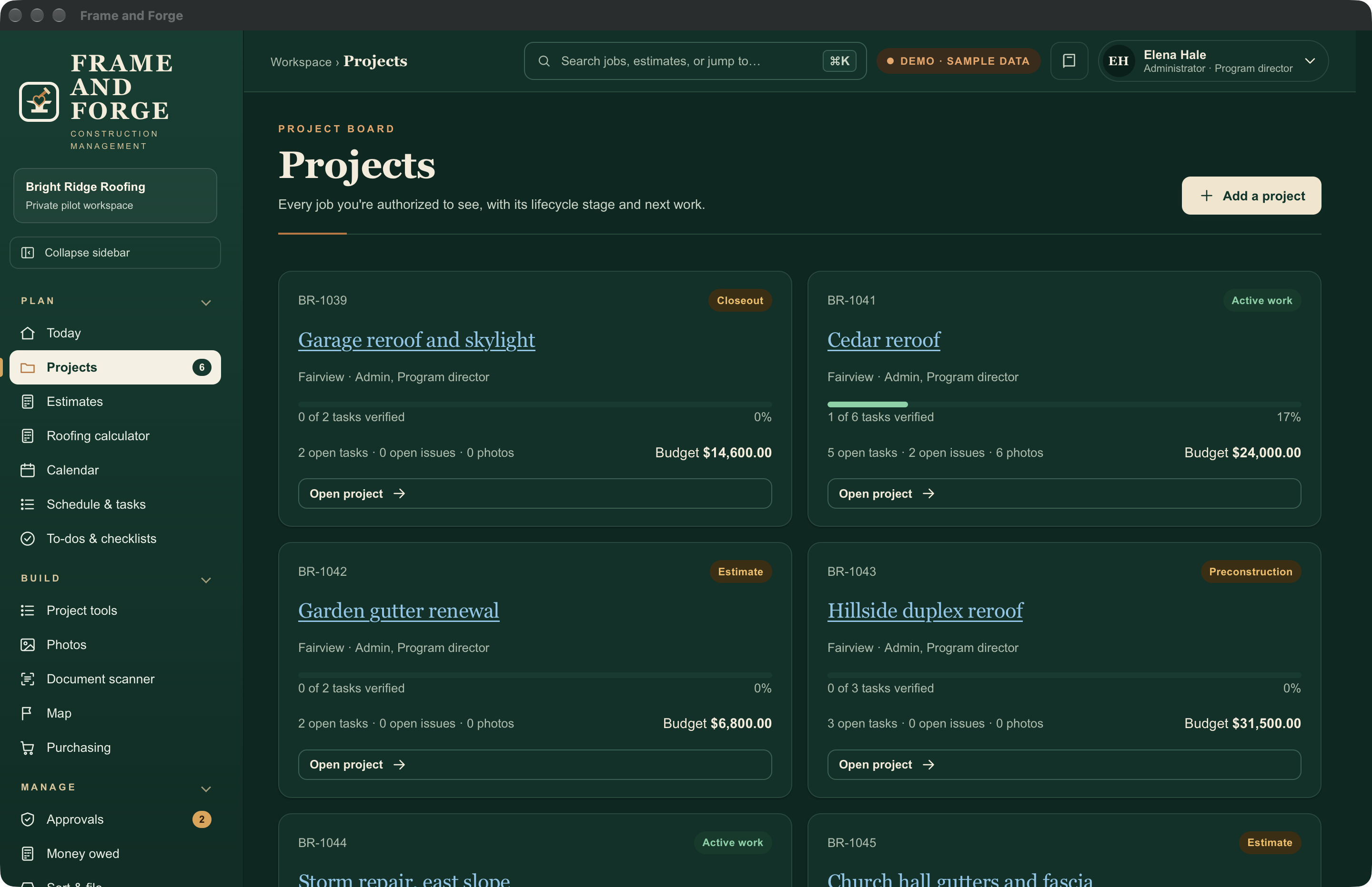 Projects board with sample roofing and gutter jobs, stages, tasks and budgets.