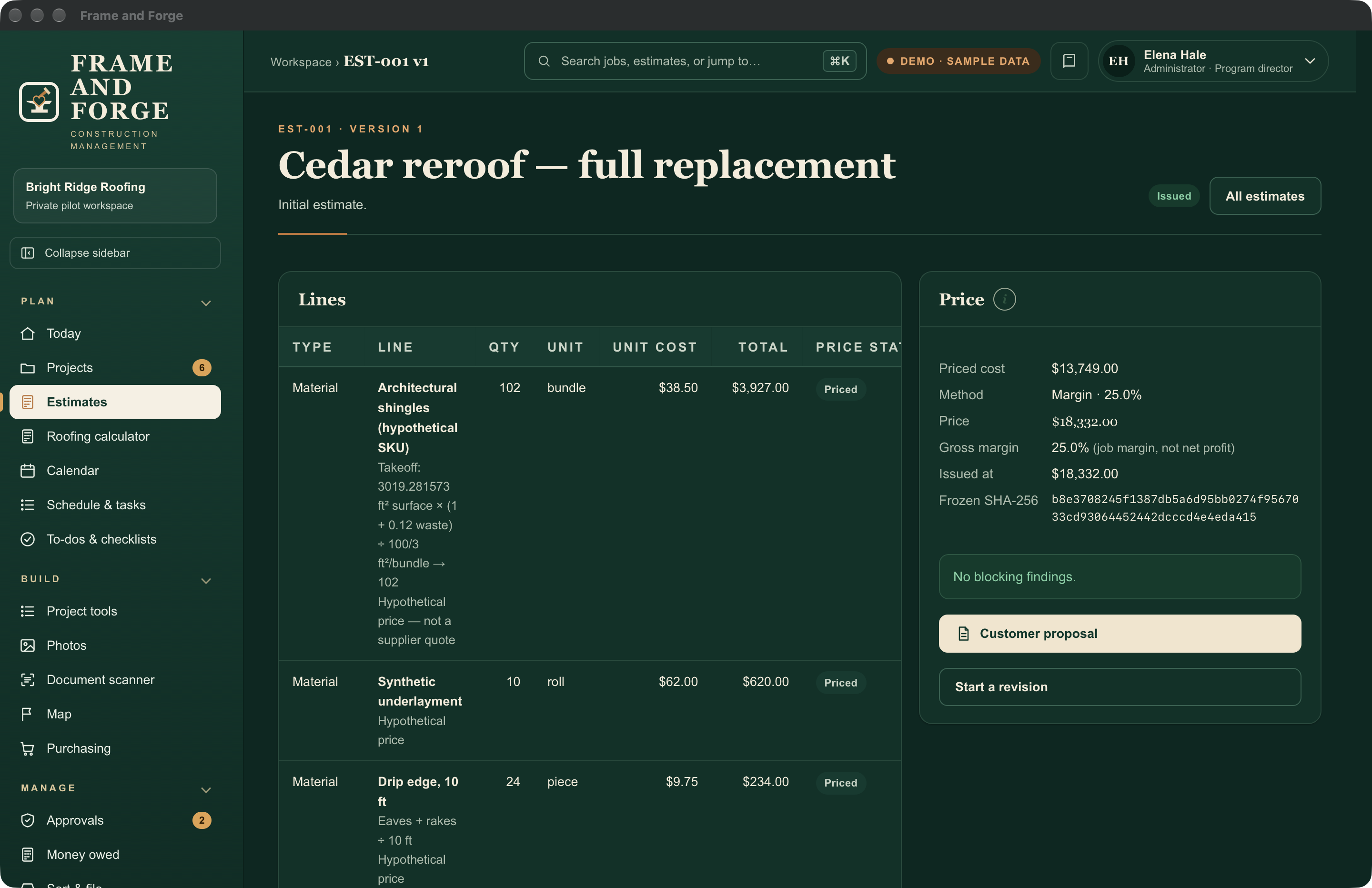 Issued sample estimate with material quantities, costs, margin and total price.