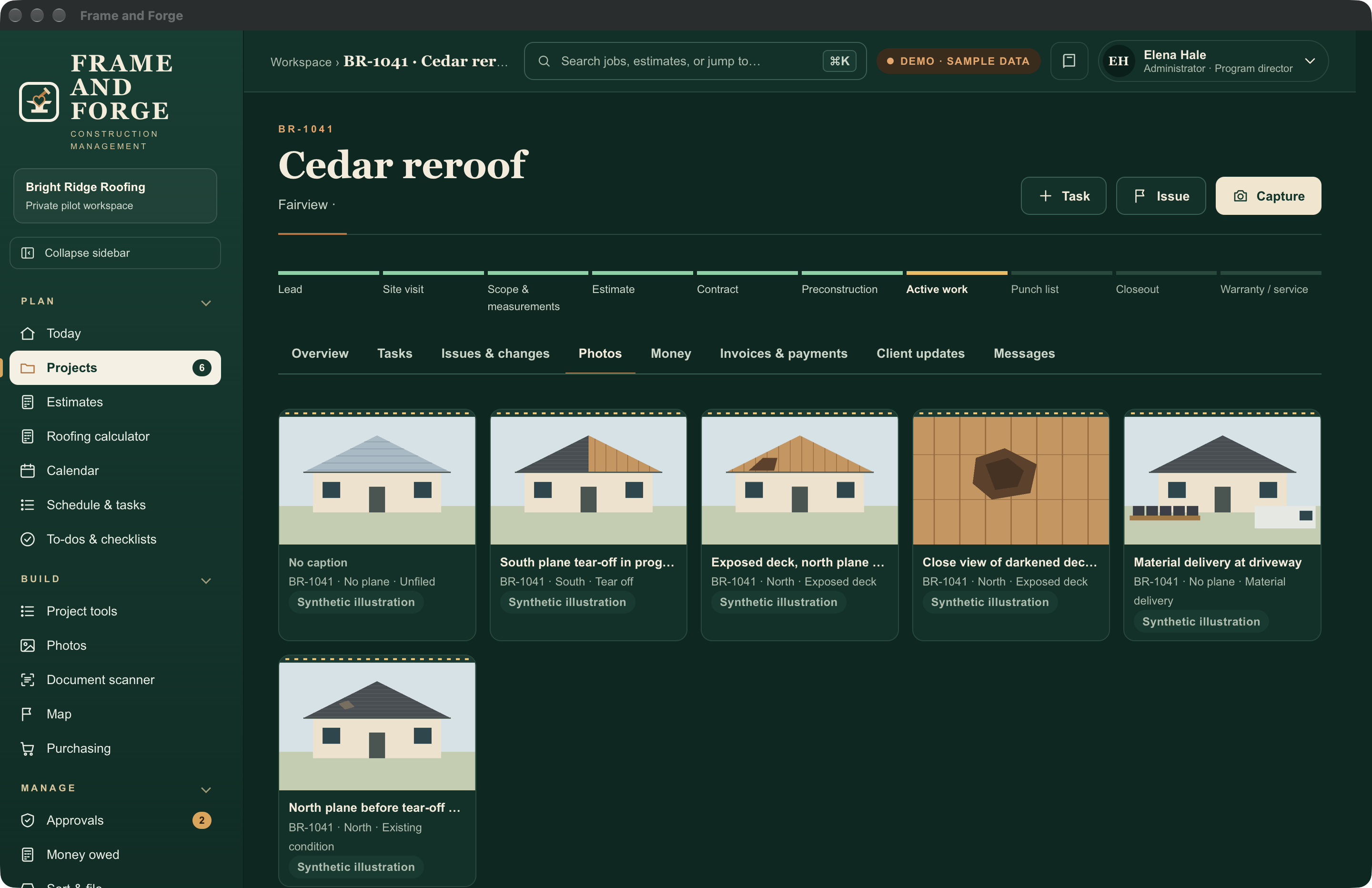 Six illustrated sample roof photos labeled by roof plane and work stage.