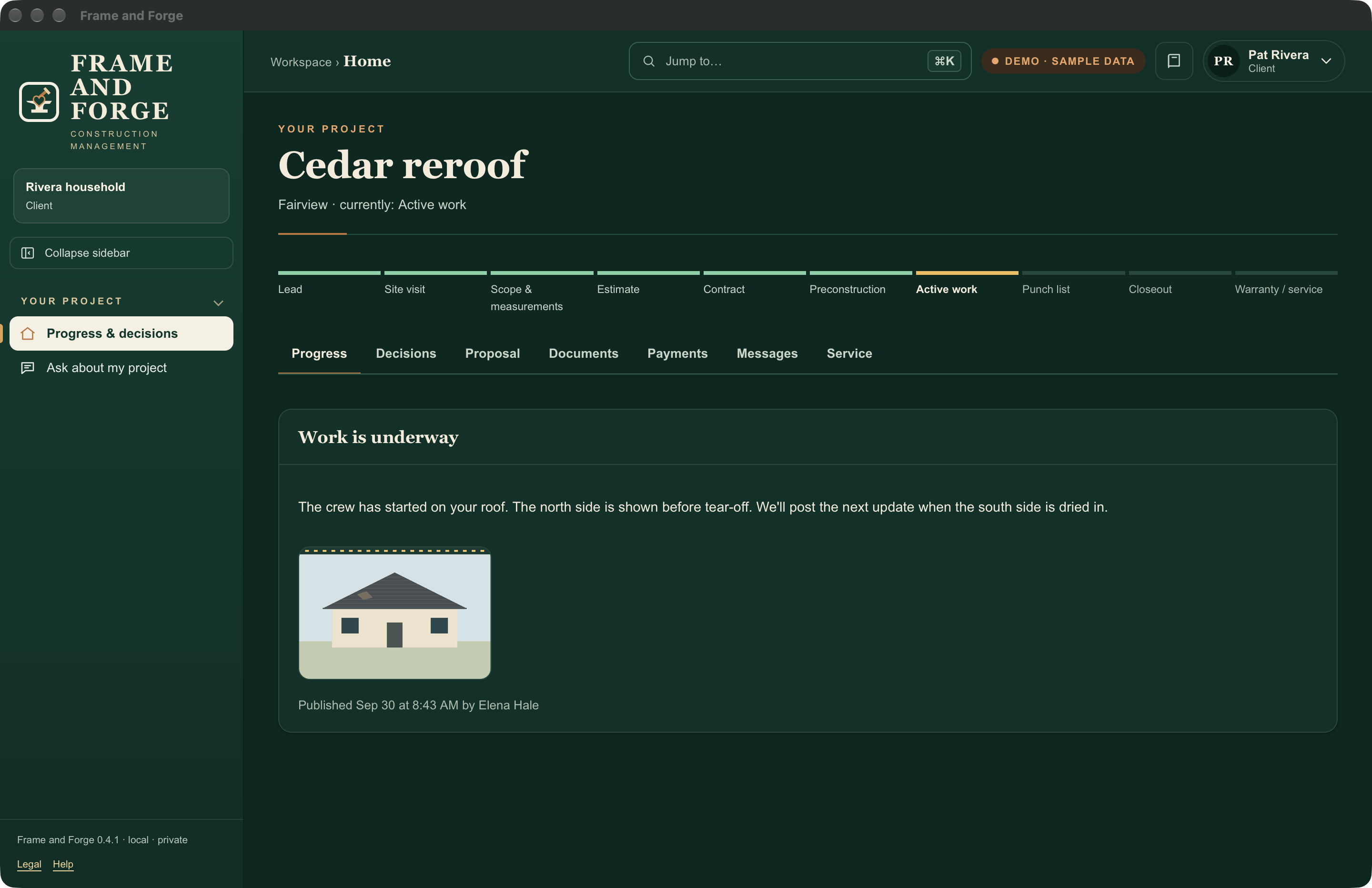 Sample customer view showing a job timeline and a work-started update.