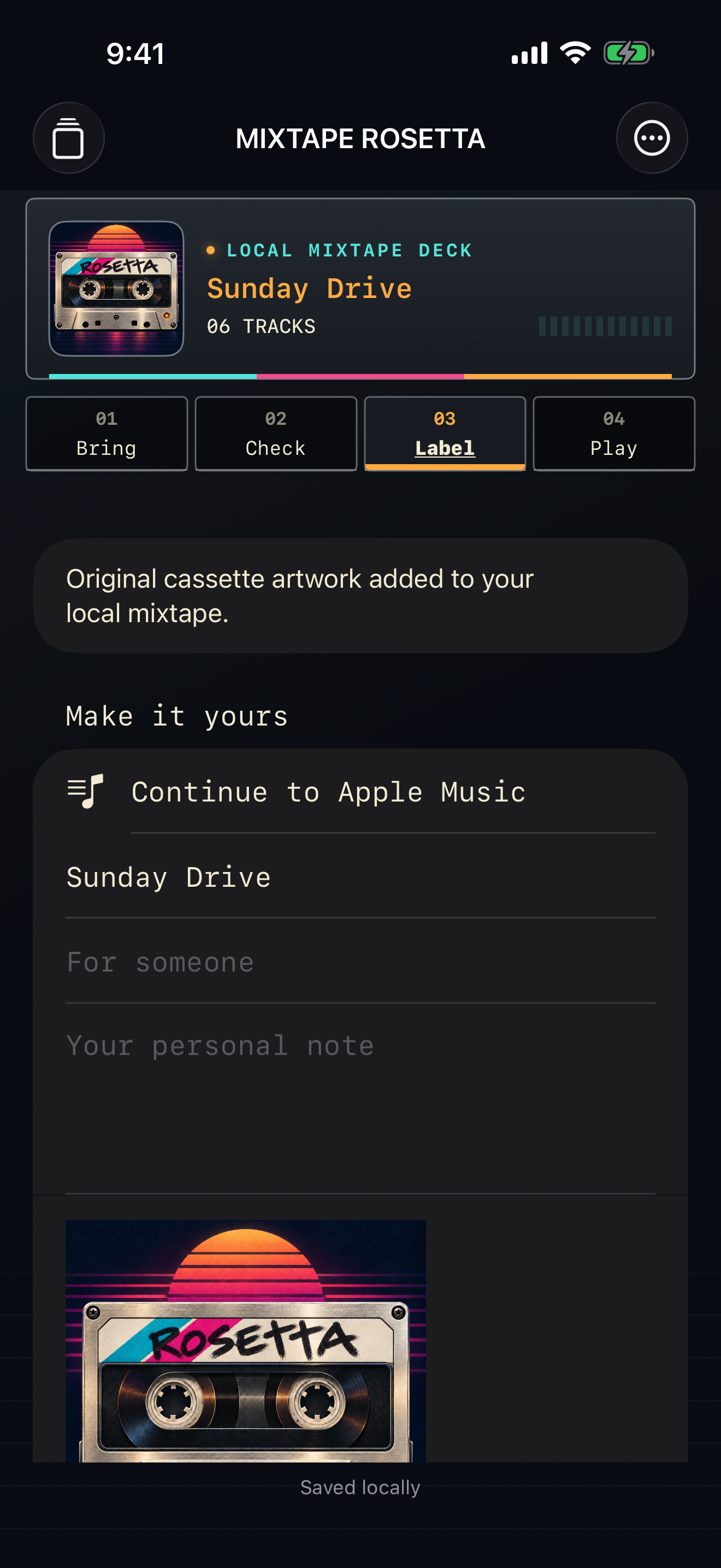 Mixtape label screen with a cassette cover and personal-note fields.