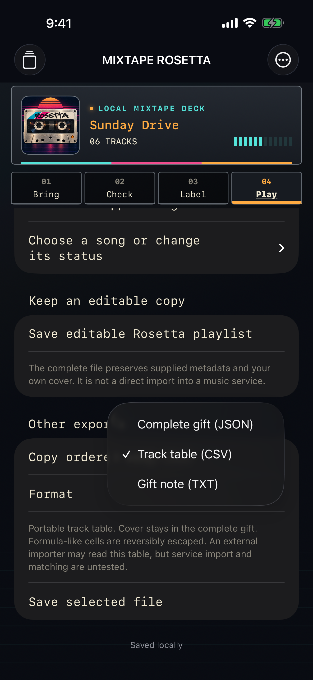 Song-list export screen with a choice of file formats.