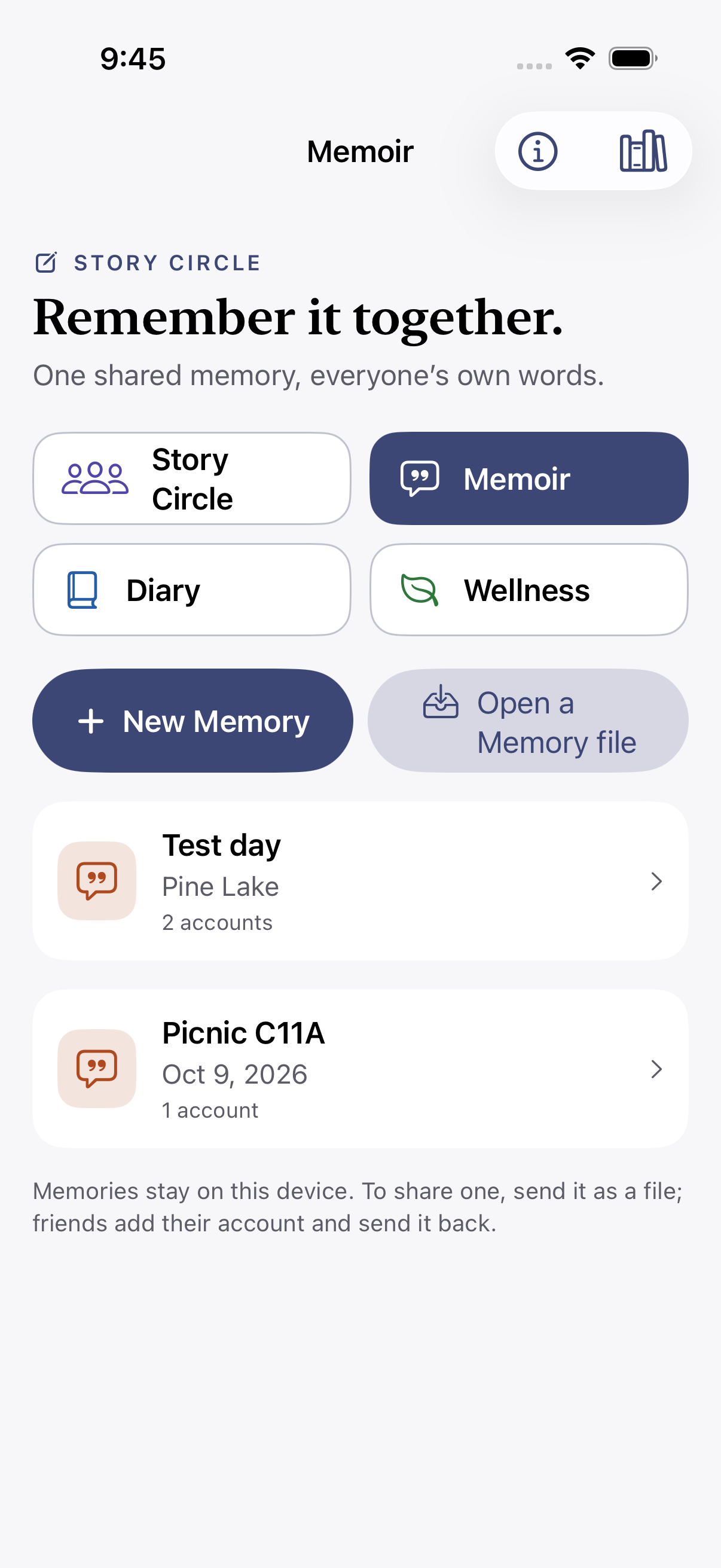 Story Circle Memoir screen with sample memories and an option to open a Memory file.