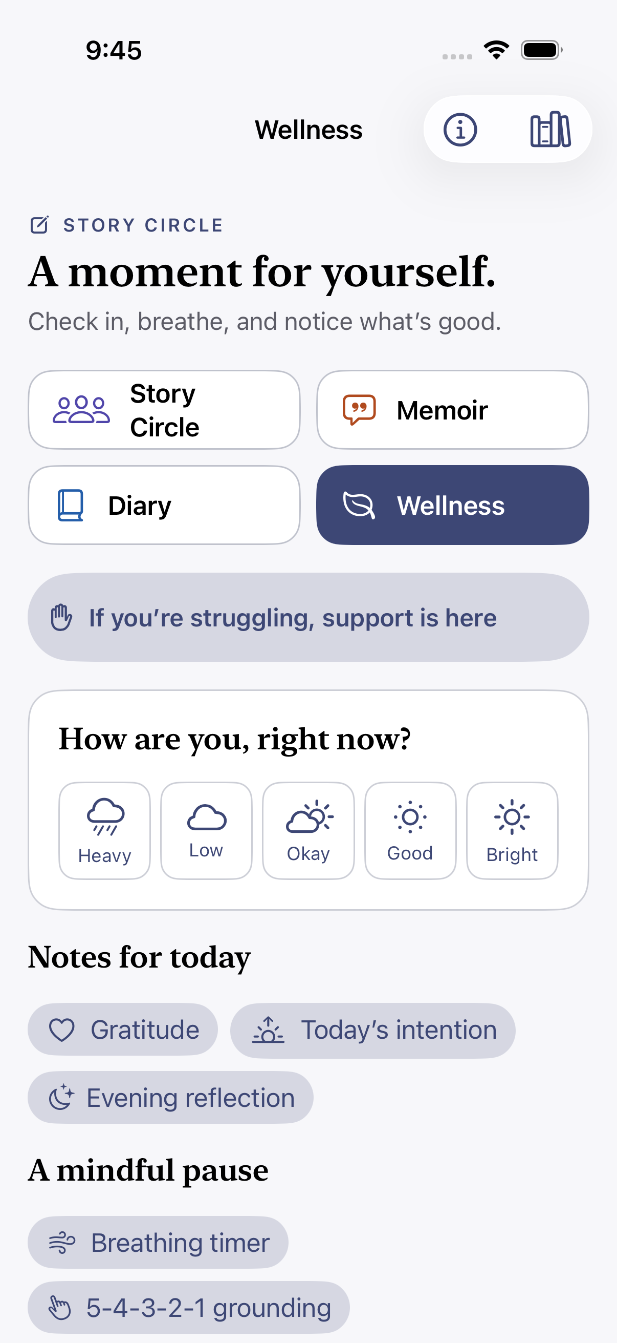 Story Circle Wellness screen with mood choices, gratitude, breathing and support controls.