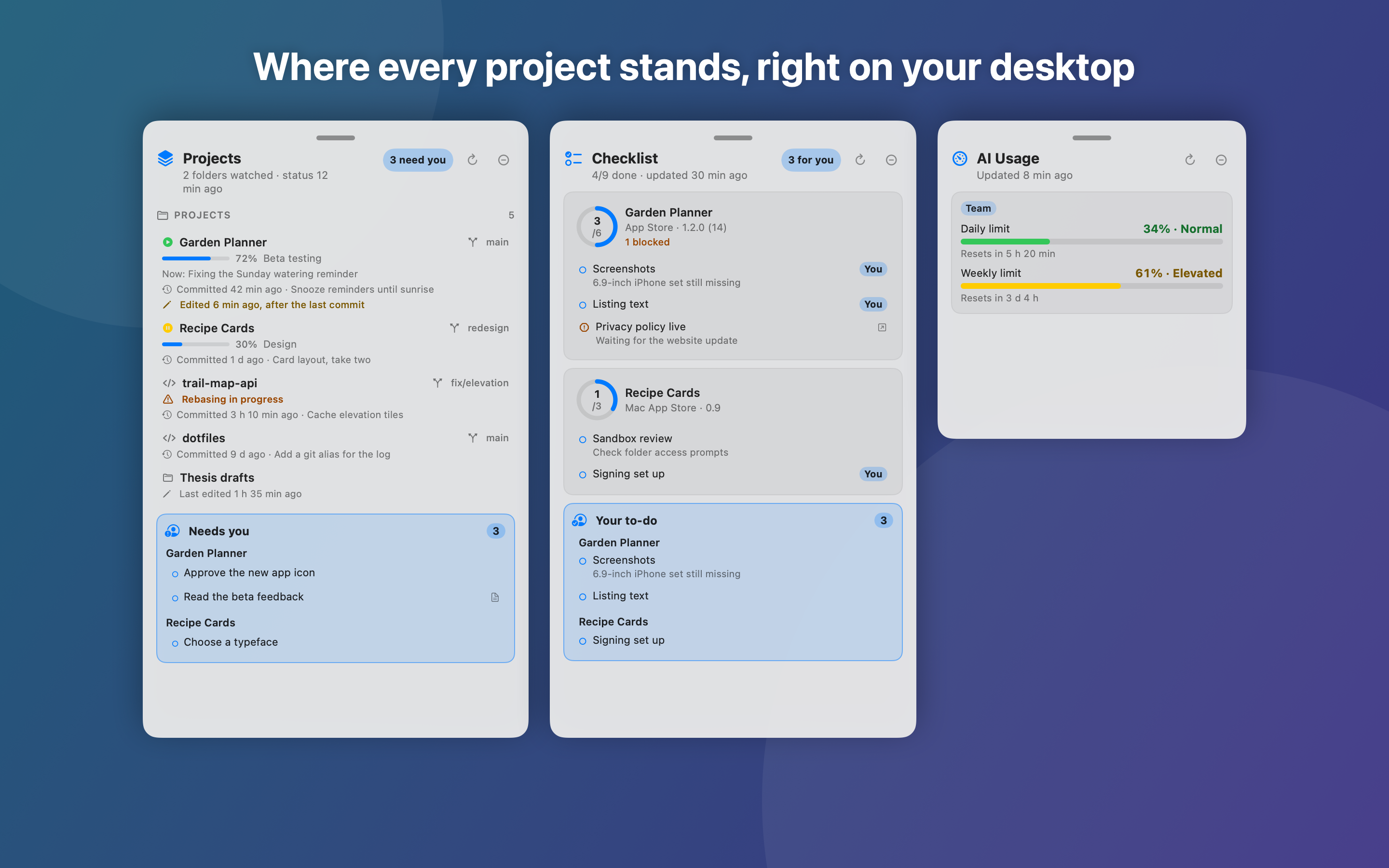 Project panels on your desktop in Studio Index